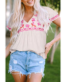 Beige Floral Embroidered Short Sleeve Notched V Neck Blouse - XL