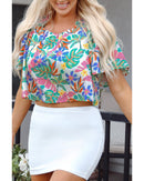 Green Plant Print Loose Fit Puff Sleeve Square Neck Blouse - L