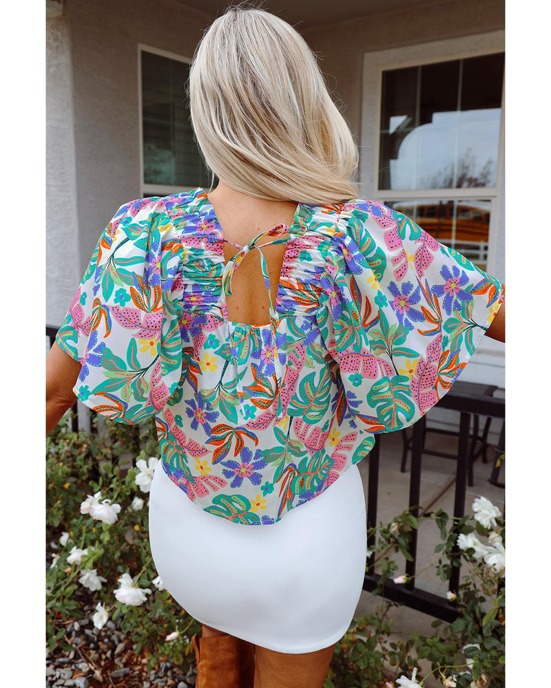 Green Plant Print Loose Fit Puff Sleeve Square Neck Blouse - M