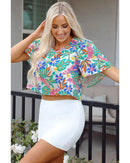 Green Plant Print Loose Fit Puff Sleeve Square Neck Blouse - M