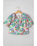 Green Plant Print Loose Fit Puff Sleeve Square Neck Blouse - M