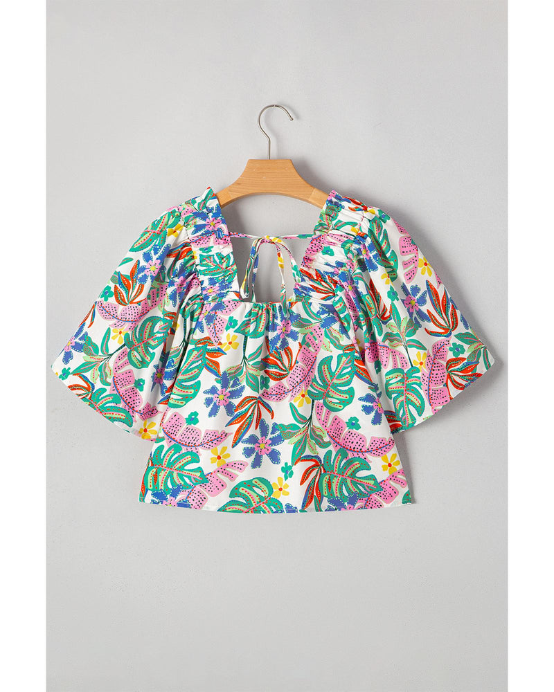 Green Plant Print Loose Fit Puff Sleeve Square Neck Blouse - M
