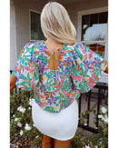 Green Plant Print Loose Fit Puff Sleeve Square Neck Blouse - S