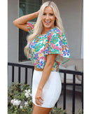 Green Plant Print Loose Fit Puff Sleeve Square Neck Blouse - S