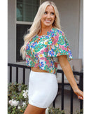 Green Plant Print Loose Fit Puff Sleeve Square Neck Blouse - S