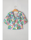 Green Plant Print Loose Fit Puff Sleeve Square Neck Blouse - S