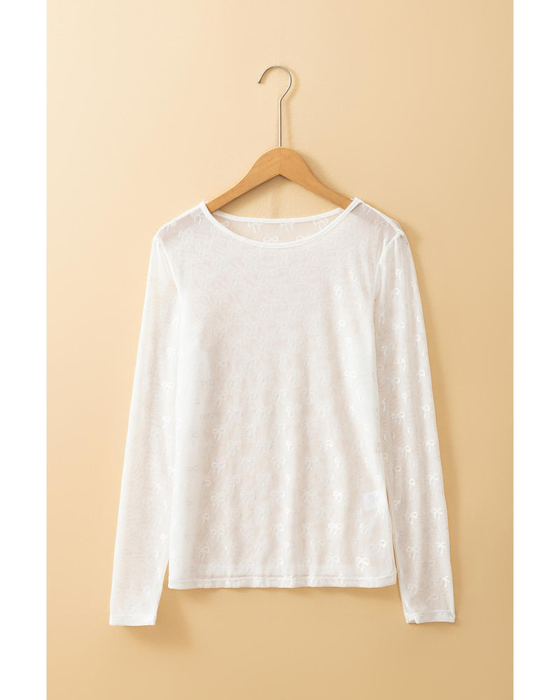 White Mesh Bow Pattern Long Sleeve Top - M