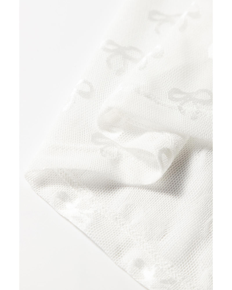 White Mesh Bow Pattern Long Sleeve Top - M
