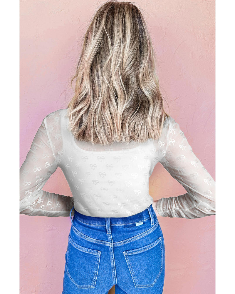 White Mesh Bow Pattern Long Sleeve Top - M