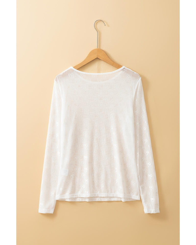 White Mesh Bow Pattern Long Sleeve Top - M