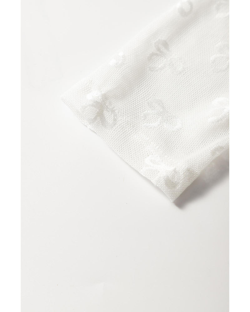 White Mesh Bow Pattern Long Sleeve Top - M