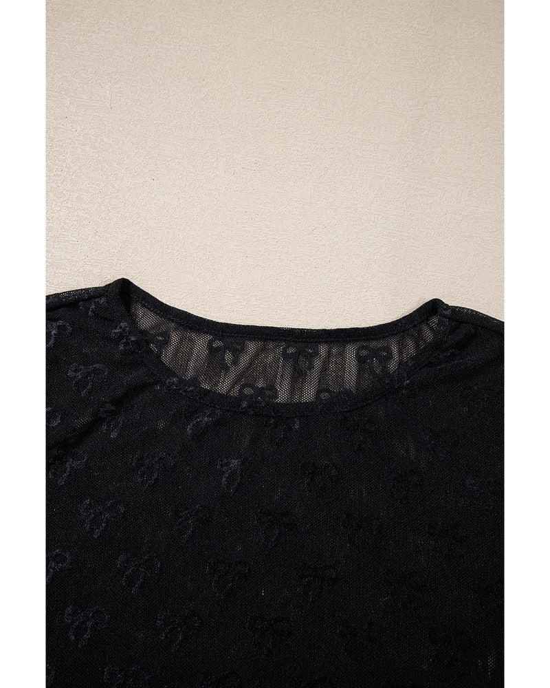 Black Mesh Bow Pattern Long Sleeve Top - M