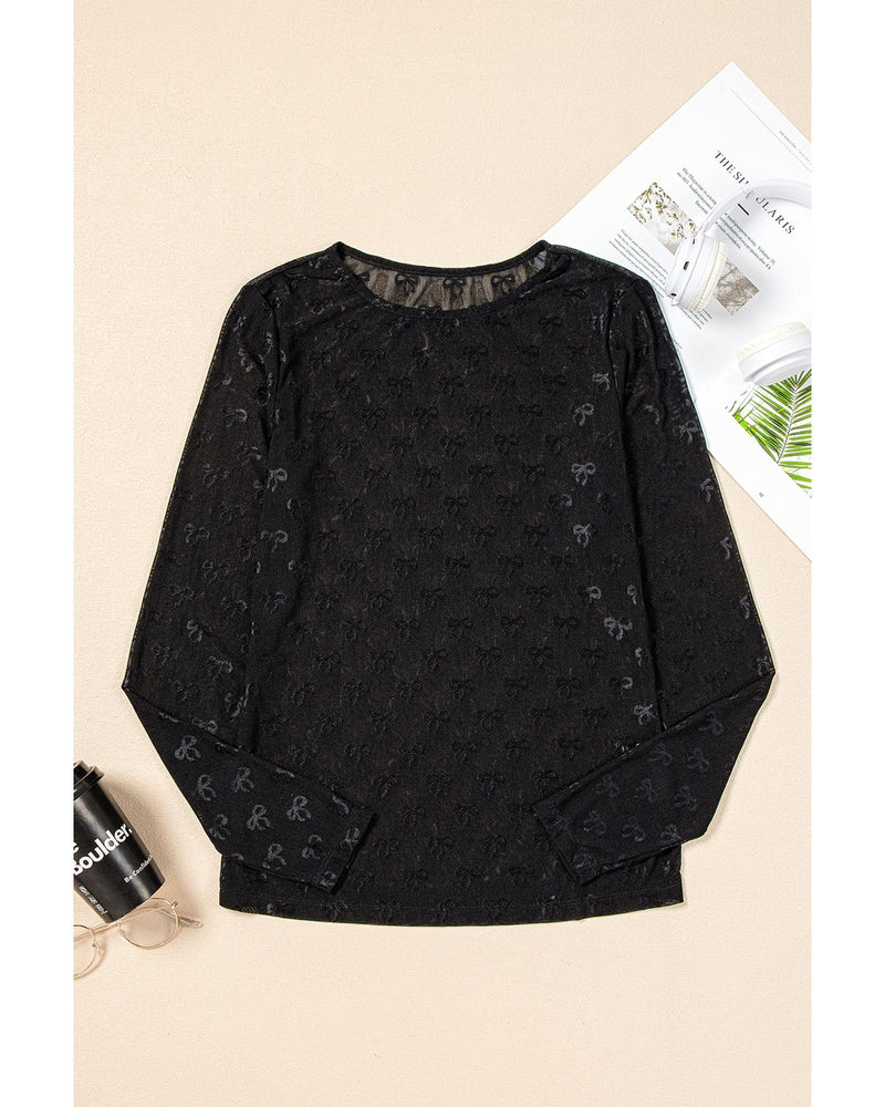 Black Mesh Bow Pattern Long Sleeve Top - M