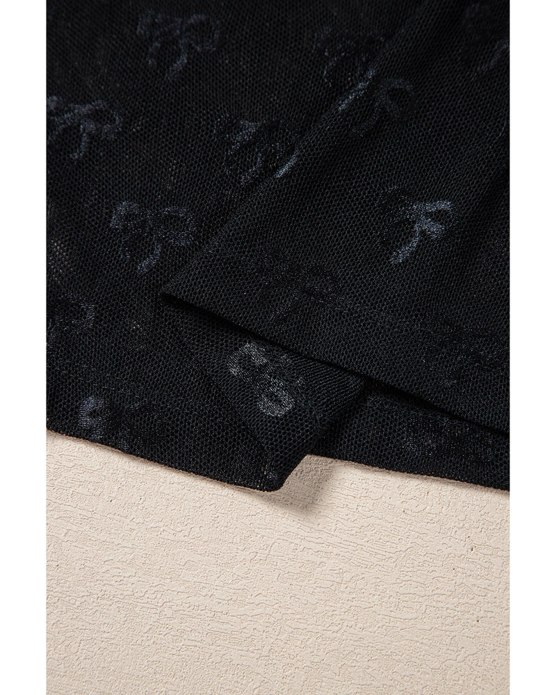 Black Mesh Bow Pattern Long Sleeve Top - S