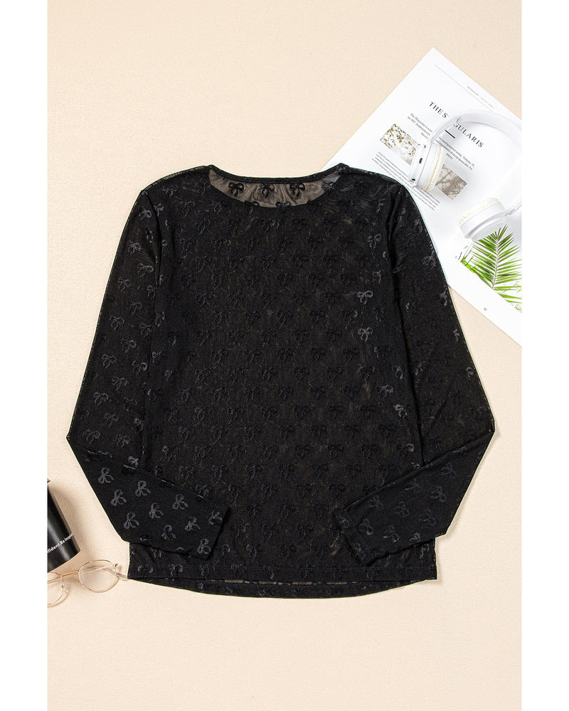 Black Mesh Bow Pattern Long Sleeve Top - S