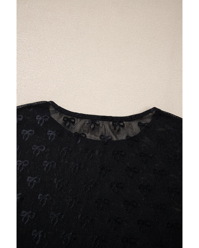Black Mesh Bow Pattern Long Sleeve Top - XL