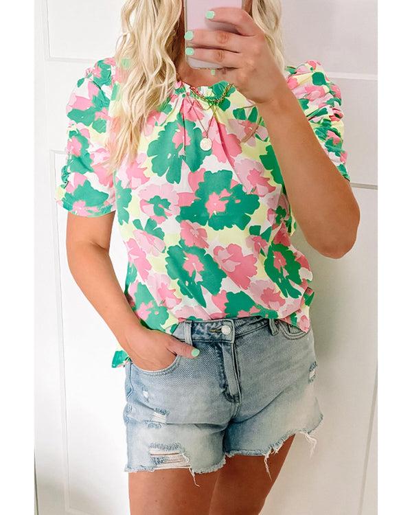 Green Abstract Print Frilly Neck Ruched Short Sleeve Blouse - M