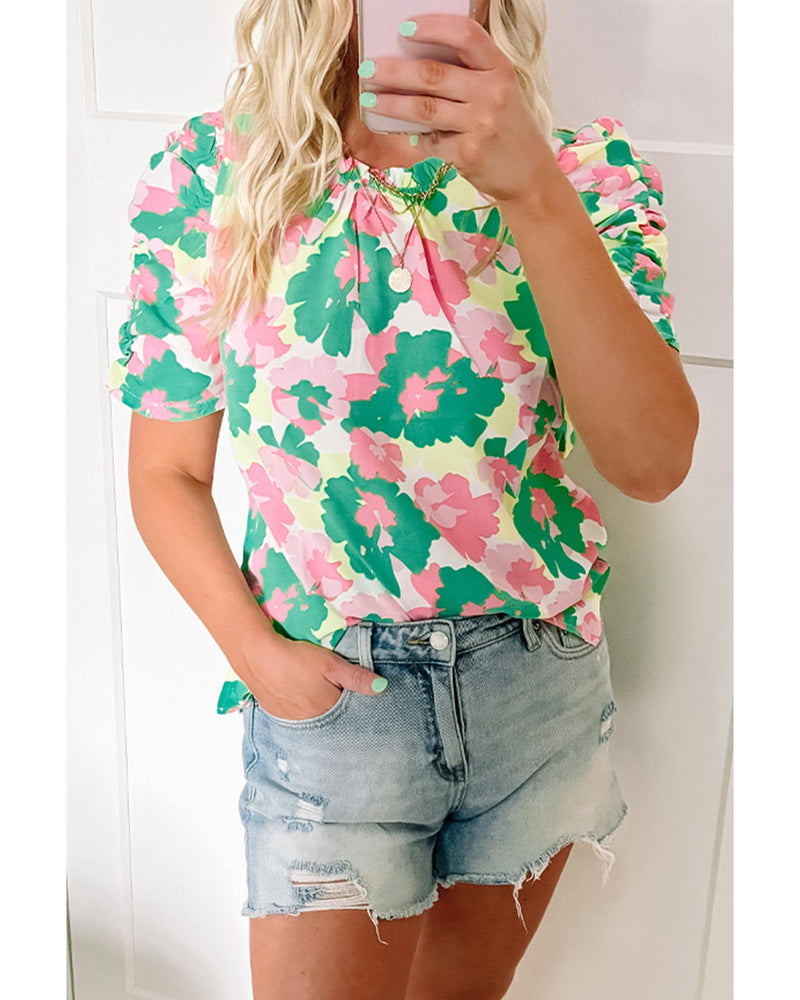 Green Abstract Print Frilly Neck Ruched Short Sleeve Blouse - M