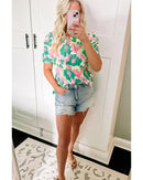 Green Abstract Print Frilly Neck Ruched Short Sleeve Blouse - M