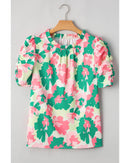 Green Abstract Print Frilly Neck Ruched Short Sleeve Blouse - M