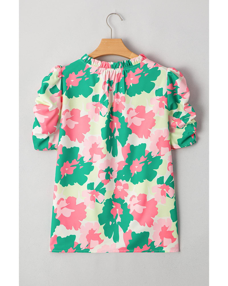 Green Abstract Print Frilly Neck Ruched Short Sleeve Blouse - M