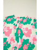 Green Abstract Print Frilly Neck Ruched Short Sleeve Blouse - M