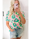 Green Abstract Print Frilly Neck Ruched Short Sleeve Blouse - S