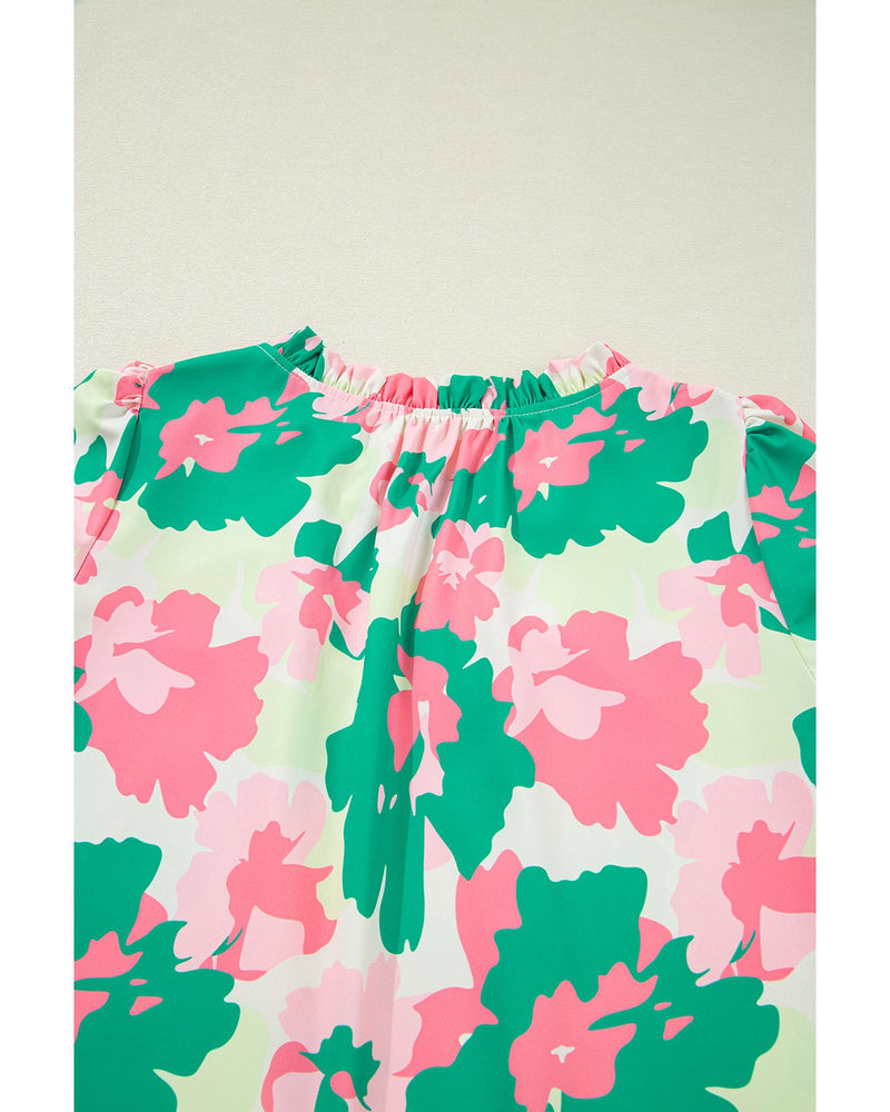 Green Abstract Print Frilly Neck Ruched Short Sleeve Blouse - S
