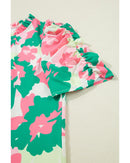 Green Abstract Print Frilly Neck Ruched Short Sleeve Blouse - S