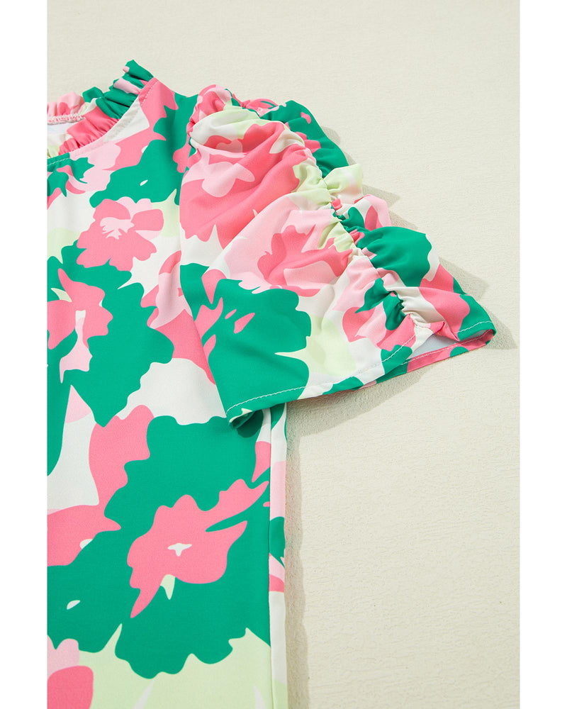 Green Abstract Print Frilly Neck Ruched Short Sleeve Blouse - S