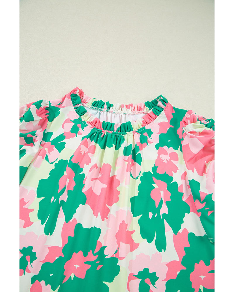 Green Abstract Print Frilly Neck Ruched Short Sleeve Blouse - S
