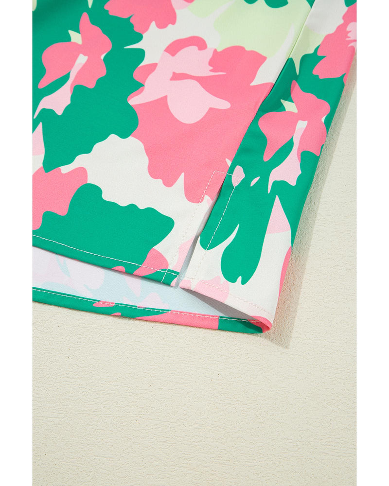 Green Abstract Print Frilly Neck Ruched Short Sleeve Blouse - S