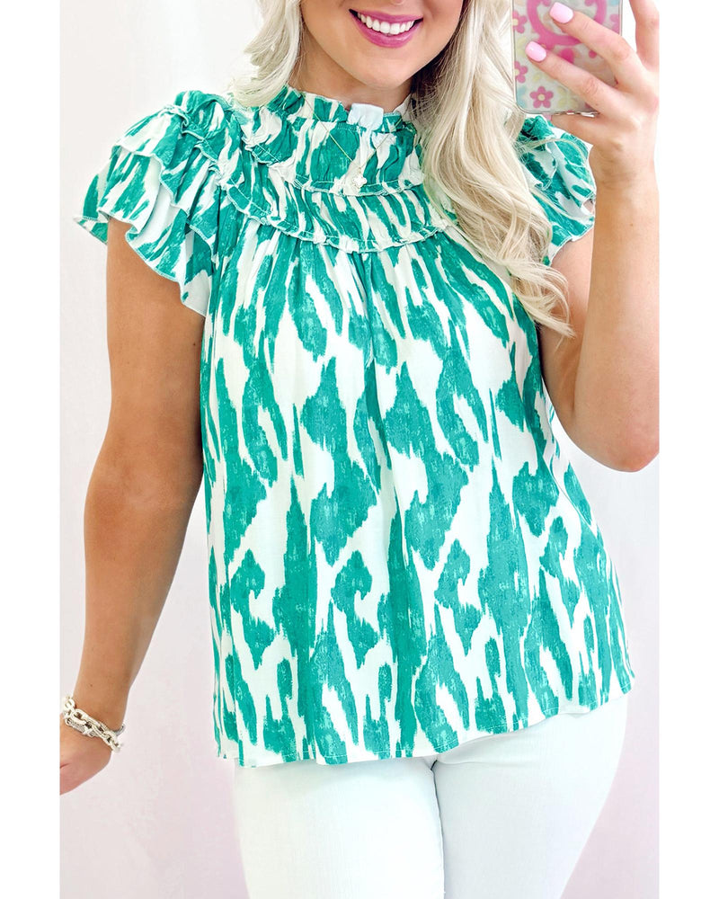 Sky Blue Abstract Print Frilled Crewneck Loose Fit Blouse - L