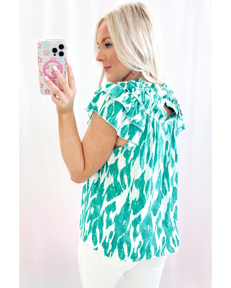 Sky Blue Abstract Print Frilled Crewneck Loose Fit Blouse - L