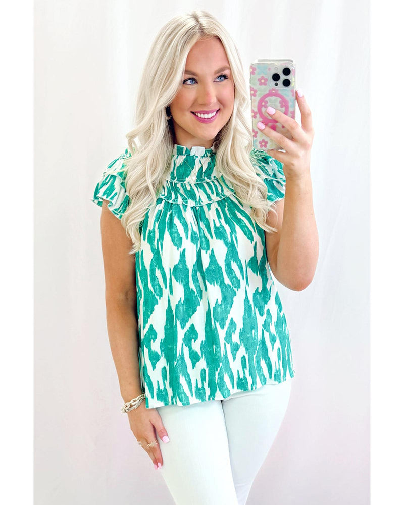 Sky Blue Abstract Print Frilled Crewneck Loose Fit Blouse - L