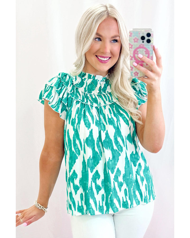 Sky Blue Abstract Print Frilled Crewneck Loose Fit Blouse - L