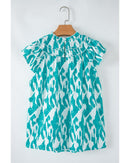 Sky Blue Abstract Print Frilled Crewneck Loose Fit Blouse - L