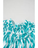 Sky Blue Abstract Print Frilled Crewneck Loose Fit Blouse - L