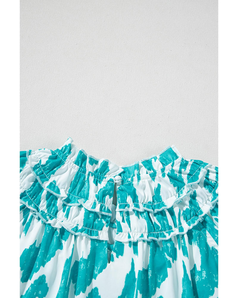 Sky Blue Abstract Print Frilled Crewneck Loose Fit Blouse - L