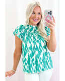 Sky Blue Abstract Print Frilled Crewneck Loose Fit Blouse - M