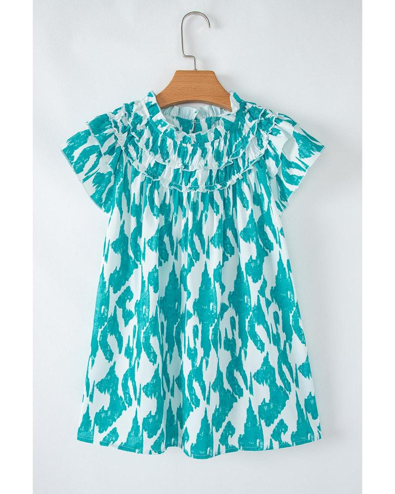 Sky Blue Abstract Print Frilled Crewneck Loose Fit Blouse - M