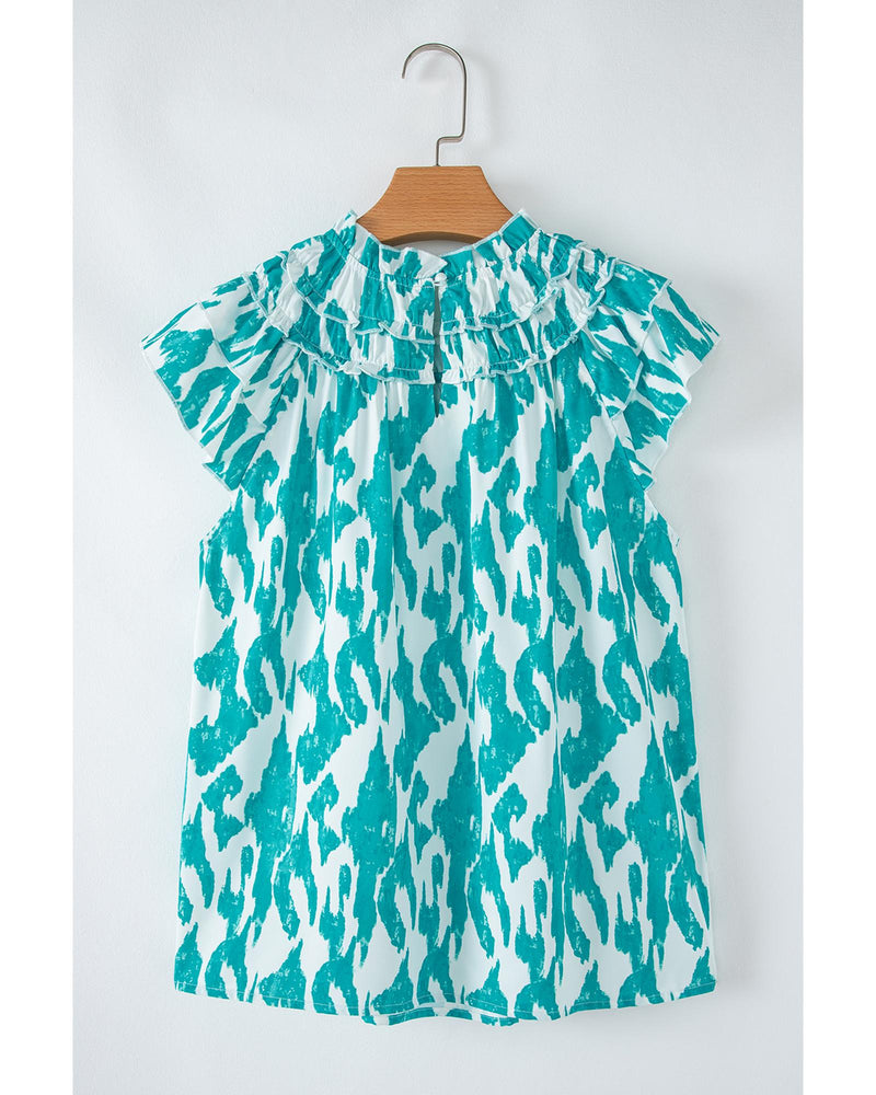 Sky Blue Abstract Print Frilled Crewneck Loose Fit Blouse - M