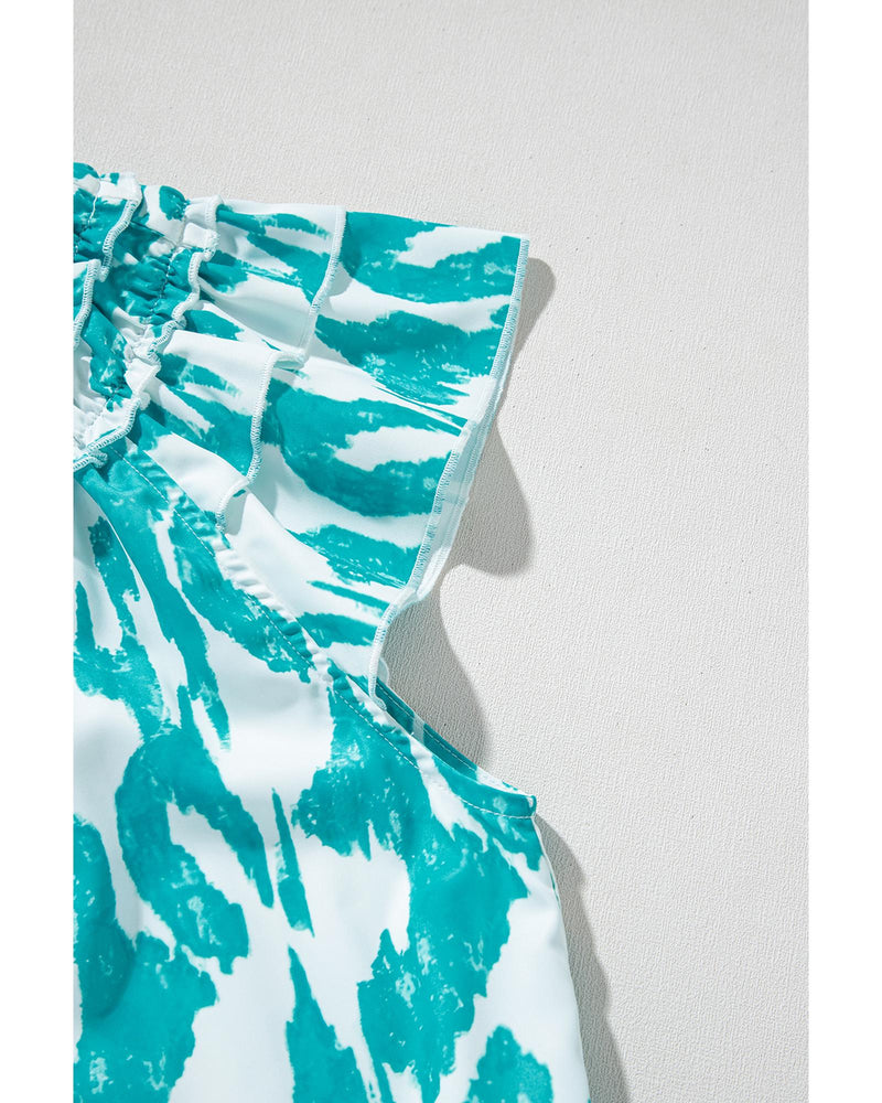 Sky Blue Abstract Print Frilled Crewneck Loose Fit Blouse - M