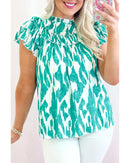 Sky Blue Abstract Print Frilled Crewneck Loose Fit Blouse - S