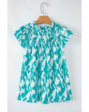 Sky Blue Abstract Print Frilled Crewneck Loose Fit Blouse - S