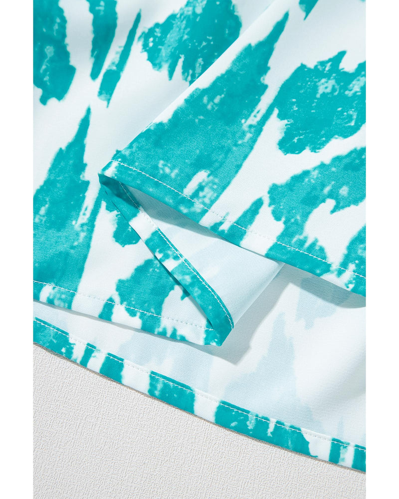 Sky Blue Abstract Print Frilled Crewneck Loose Fit Blouse - XL