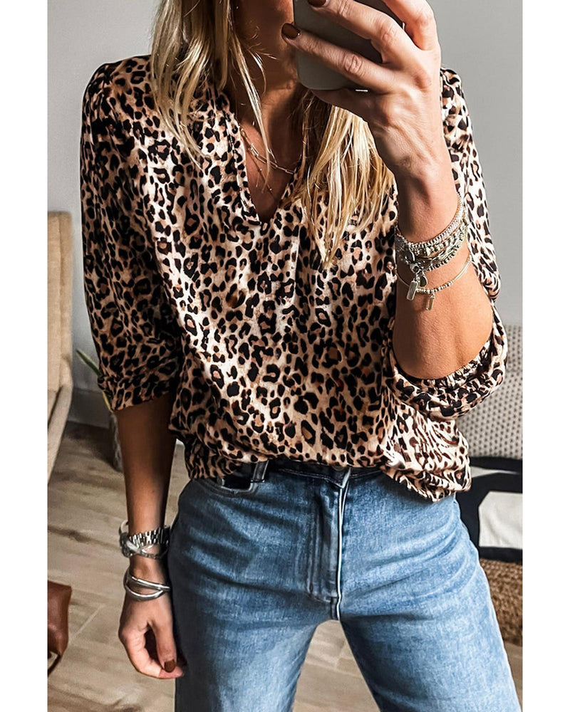 Apricot Leopard V Neck Half Sleeve Blouse - S