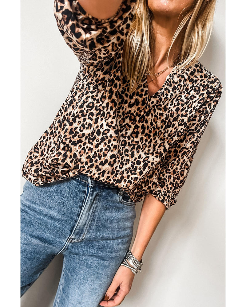 Apricot Leopard V Neck Half Sleeve Blouse - S