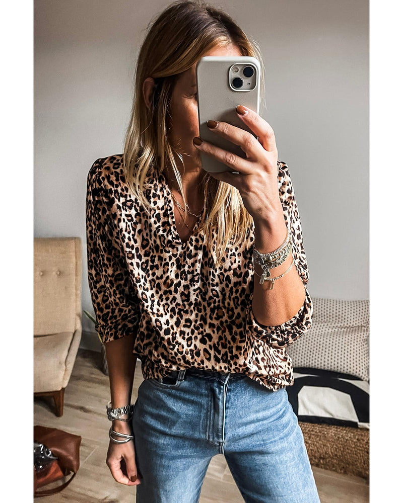 Apricot Leopard V Neck Half Sleeve Blouse - S