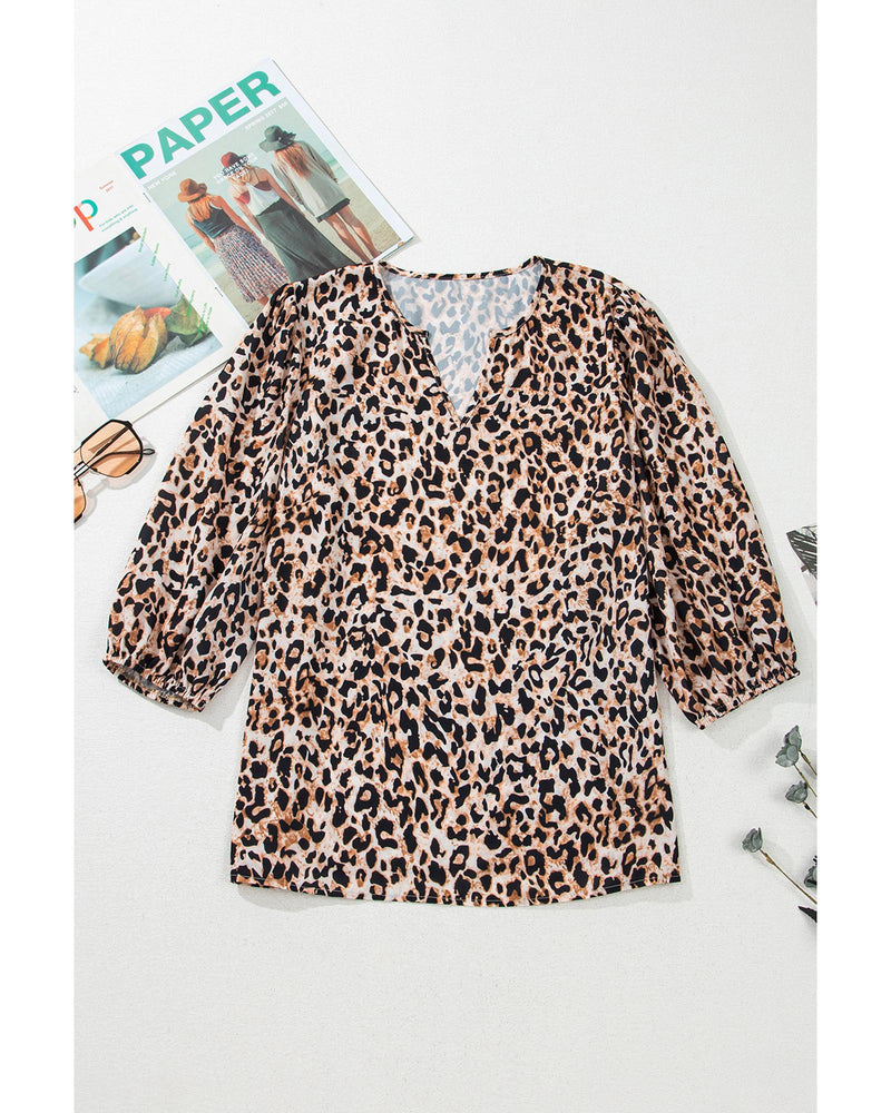 Apricot Leopard V Neck Half Sleeve Blouse - S
